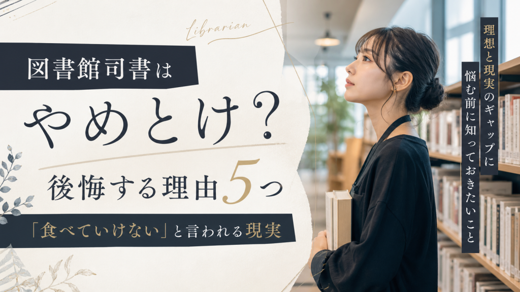 図書館の書架の前で本を抱えた女性司書が横顔で物思いにふける様子と、「図書館司書はやめとけ？後悔する理由5つ『食べていけない』と言われる現実」というタイトルがデザインされたおしゃれな16:9サムネイル画像